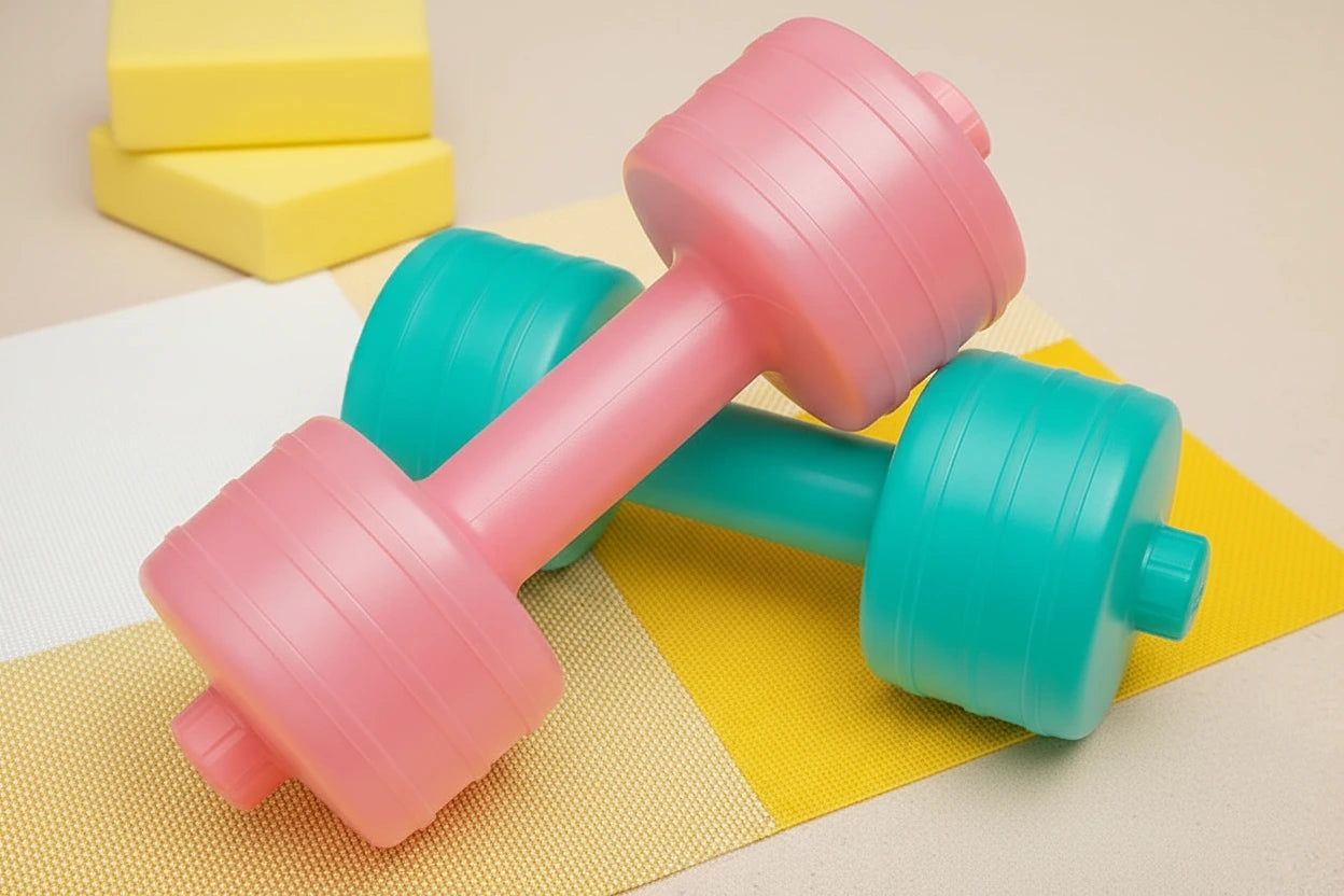 Pink and teal water dumbbells on a yellow mat
