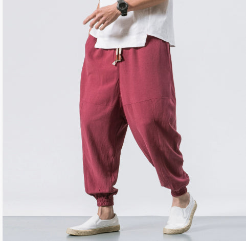 Chinese Style Harem Pants Men Streetwear Casual Joggers Mens Pants Cotton Linen Sweatpants Ankle-length Men Trousers M-5XL